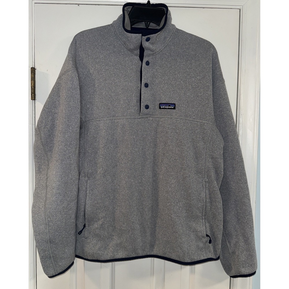 Patagonia Mens Med Gray 1/4 Snap Micro-D Pullover Fleece W/ Blue Trim